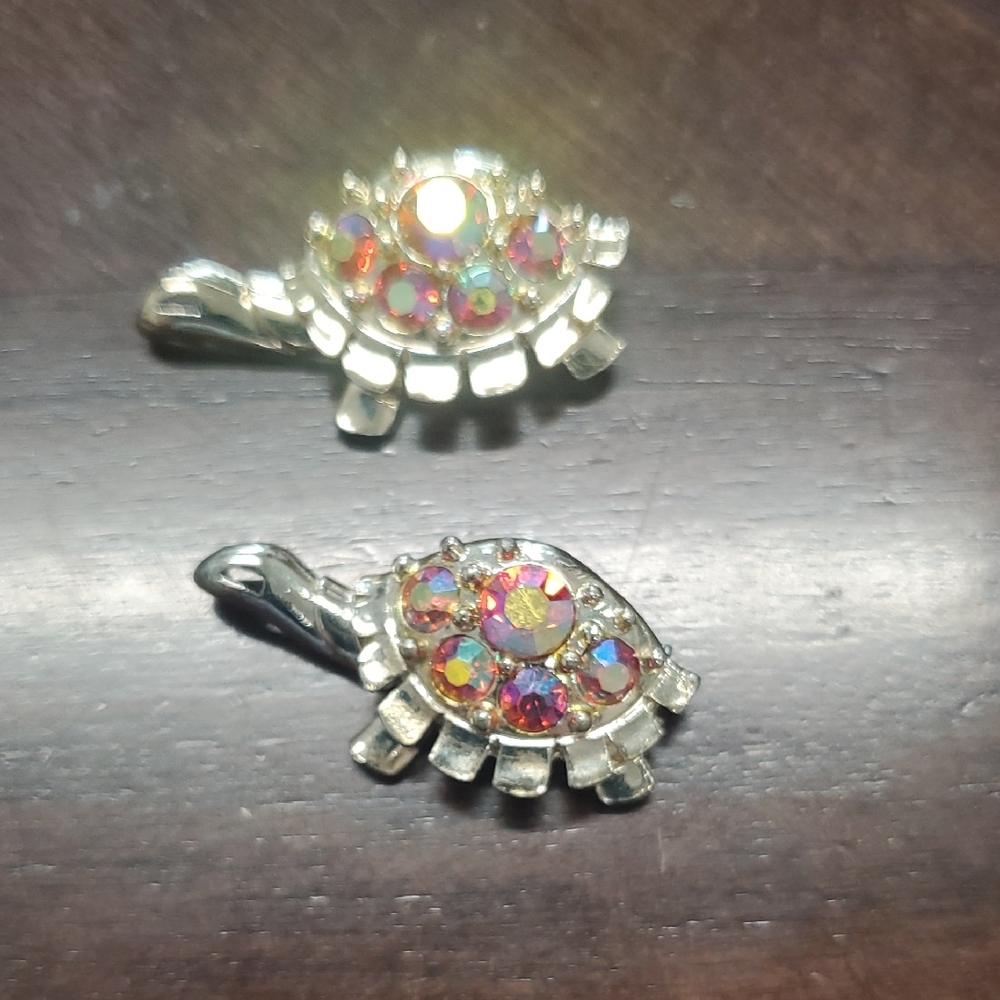 Silver and Red Turtle Brooches with Rhinestone Mosaic